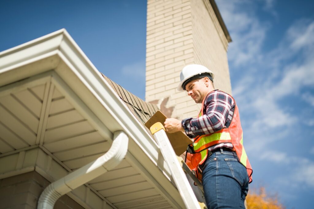 A man with hard hat standing on steps inspecting house roof hail damage roof repair