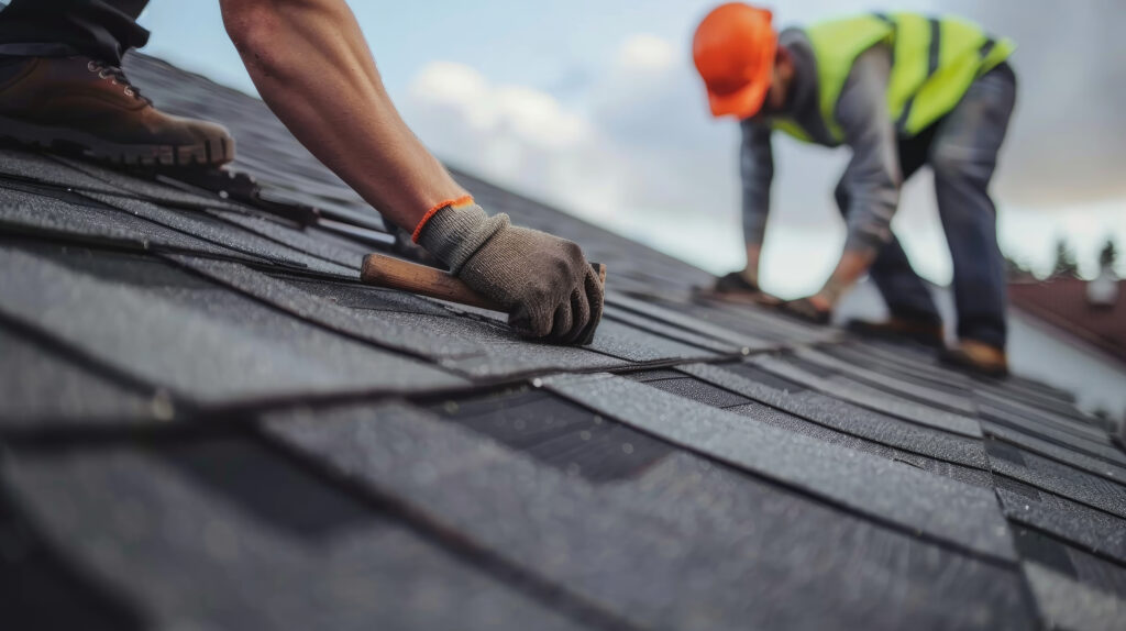 Roofer worker in special protective work wear and gloves, installing asphalt or bitumen shingle on top of the new roof under construction residential building roofing companies apex nc