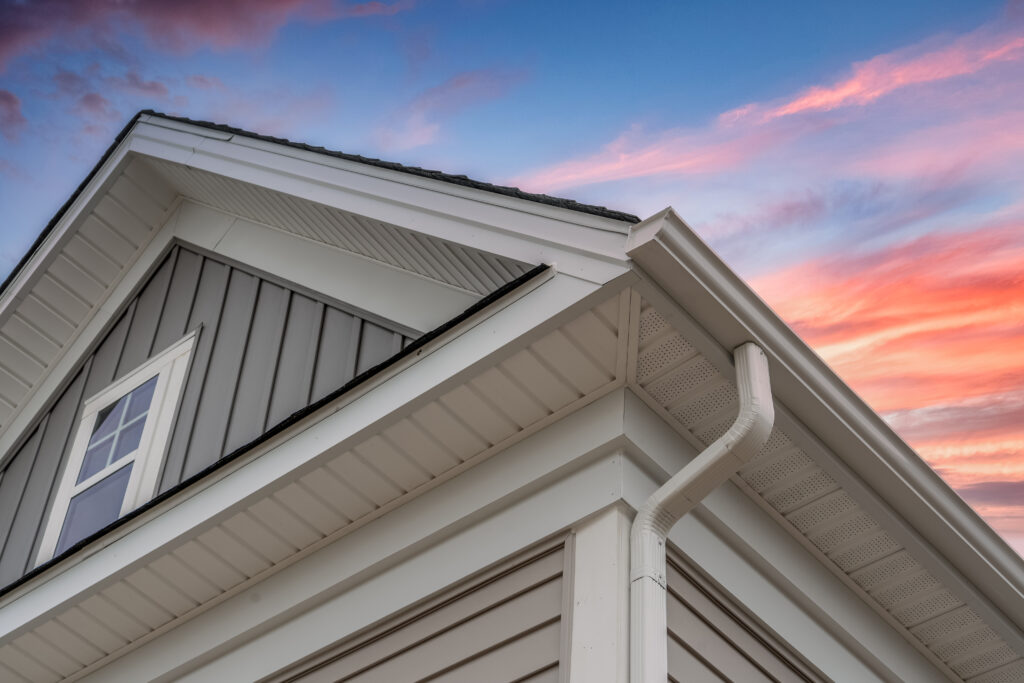 soffit and fascia repair White frame gutter guard system, with gray horizontal and vertic