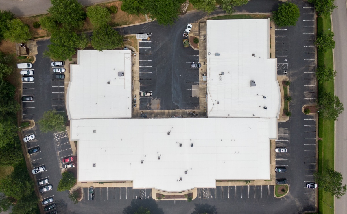 Drone Images of Flat Commercial TPO Roofs: Sunny, No People, Industrial