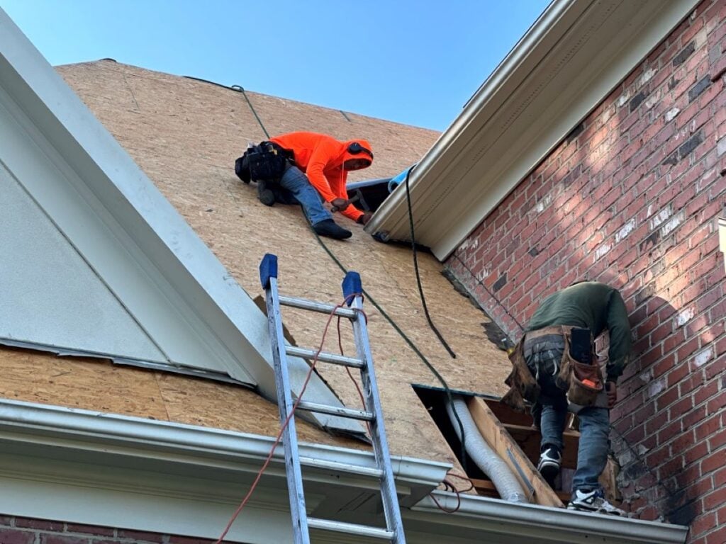 parts of a roof Barkley-Jensen workers repairing roof