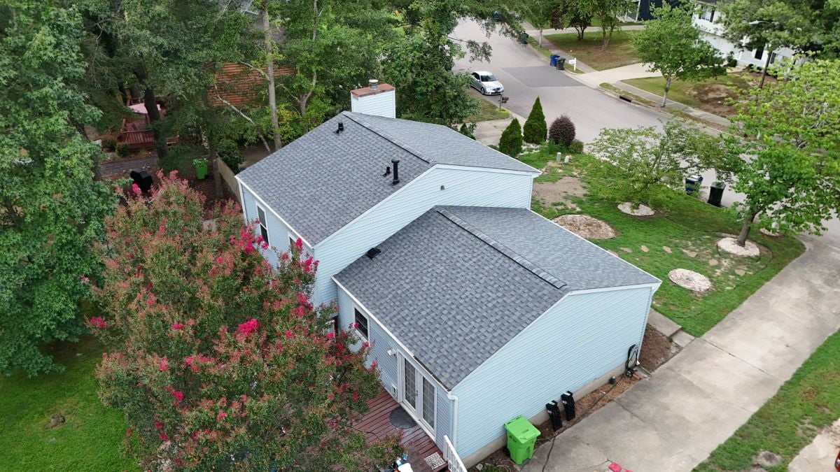 pitched roof, grey shingles