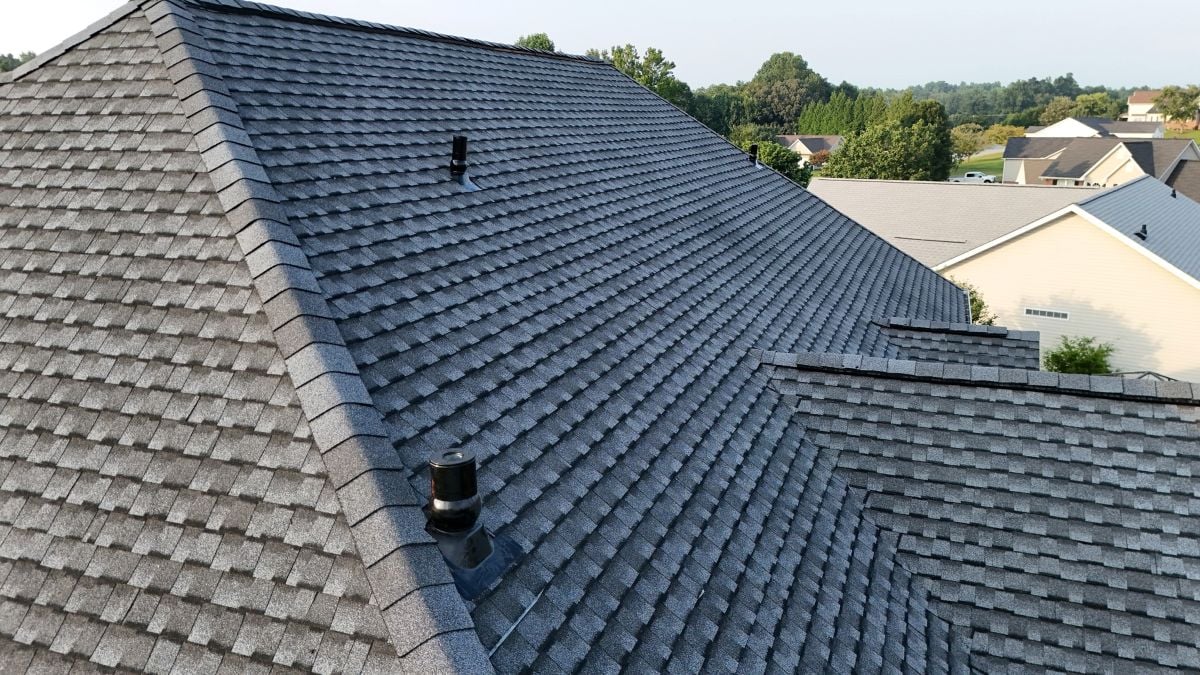 Dark grey shingles on a roof