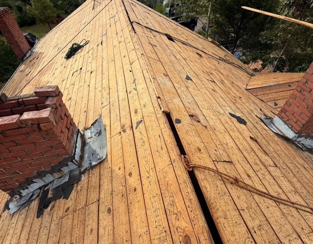 A roof being replaced