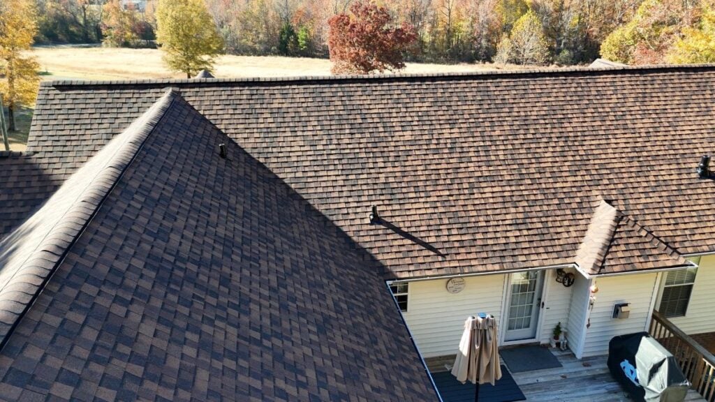 A brown shingle roof
