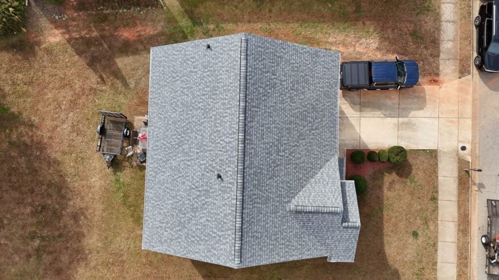 Aerial view of a newly installed shingle roof