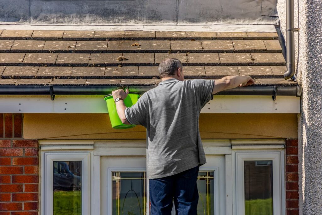 roof and gutter cleaning moss on roof man cleaning water gutter