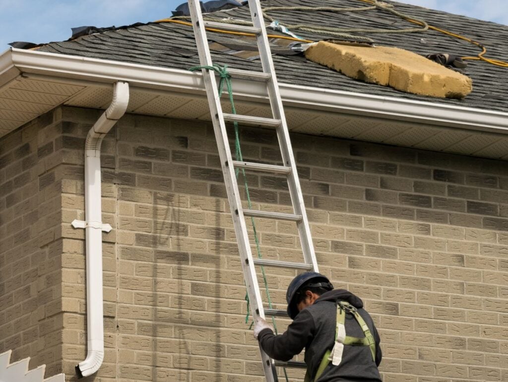 storm damage roof inspection worker inspecting on top of ladder
