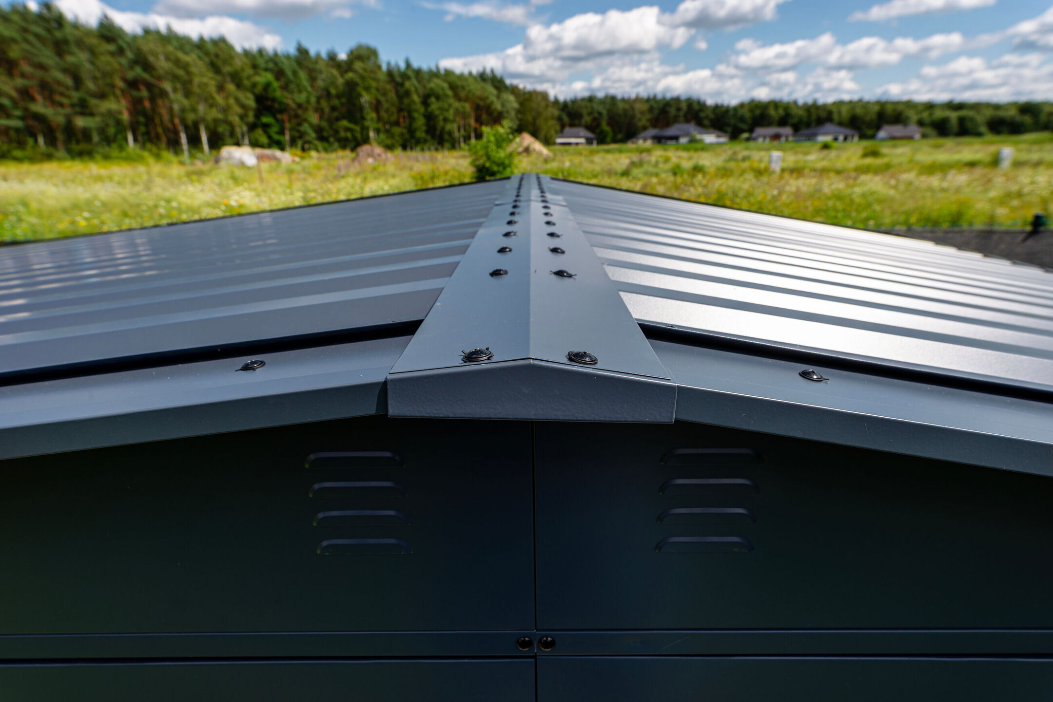 metal roof green field on the back
